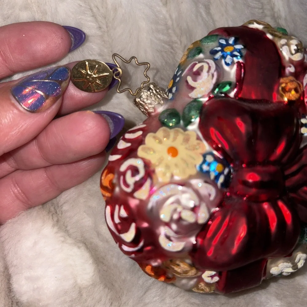 Christopher Radko Say it With Flowers Heart Ornament Intricate Floral Red Bow